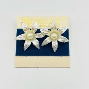 Statement Vintage Earrings Richelieu White Pearl Flower Stud Earrings